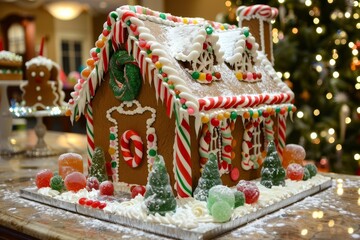 A gingerbread house embellished with various candies and candy canes in a holiday-themed display, A festive gingerbread house decorated with candy and icing