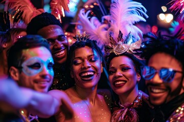 A festive gathering of partygoers in colorful costumes posing together for a group photograph, A festive group of partygoers dressed in costume, posing for a selfie at a masquerade ball