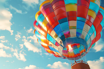 Heißluftballon mit Korb vor blauem Himmel mit Wolken