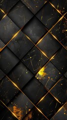 A black and gold geometric background.
