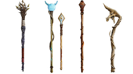 Wizards' staffs depicted in four different, isolated on transparent background