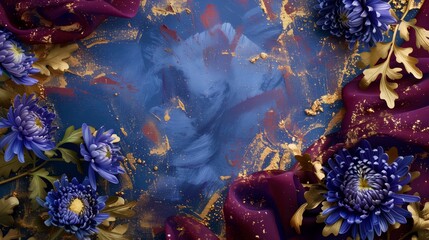 Blue chrysanthemum design on a vintage card backdrop with burgundy textiles.