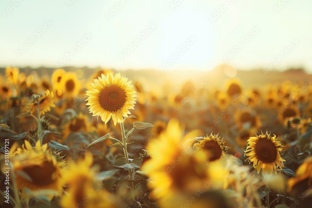 Poster A field of sunflowers with the sun shining in the background, A field of bright yellow sunflowers swaying in the breeze