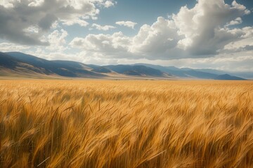 Obraz premium Wheat field with mountains in the background under blue sky, A field of golden wheat swaying in the breeze, framing a distant mountain range