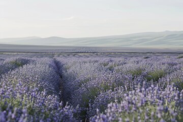 Fototapeta premium A field of lavender flowers with distant mountains in the background under a clear sky, A field of lavender stretching into the horizon