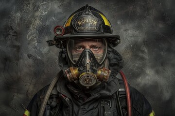 Obraz premium A man in a firefighters helmet and gas mask stands ready for action, A firefighter in full gear