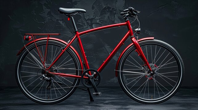 An old red bicycle, perhaps a vintage or retro model, leans against a white wall - Powered by Adobe