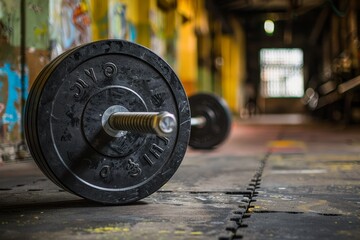 Obraz premium A detailed view of a barbell inside a well-equipped gym, highlighting its design and texture, A fitness accessory that is commonly used in weightlifting and CrossFit workouts