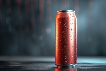 Detailed view of a fizzy soda can with condensation droplets on its shiny aluminum surface, A fizzy beverage in a sleek aluminum can