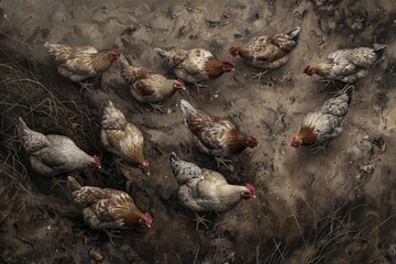 Obraz premium A flock of chickens standing on a dirt field, pecking at the ground for food, A flock of chickens pecking at the ground for food