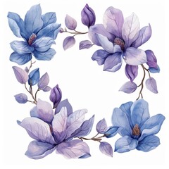 Flowers composition. Wreath made of various blue flowers on white background. Easter, spring, summer concept. ai generated