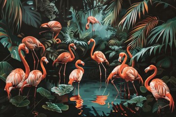 Naklejka premium A painting depicting a flock of flamingos in a lush tropical wetland, showcasing their elegant beauty and vibrant colors, A flock of flamingos in a tropical wetland setting