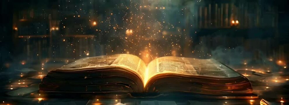 A book floating in an ethereal library pages filled with ancient knowledge and future predictions, fantasy and magic