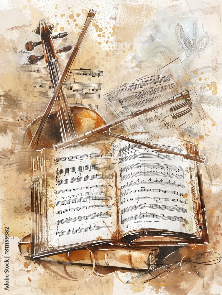 Poster A detailed painting of a violin surrounded by elegant music notes, creating a beautiful harmony between the instrument and the melody. Generative AI