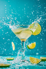 Traditional margarita cocktail splash on blue background