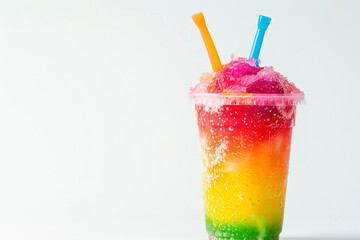 Colorful slushie with straw in plastic cup isolated on white background