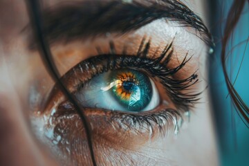 A close-up view of a womans blue eye, showing intricate details and texture, A focused gaze fixed on the task at hand