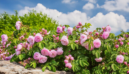 Rosa damascena, known as the Damask rose - pink, oil-bearing, flowering, deciduous shrub plant. Balley of Roses