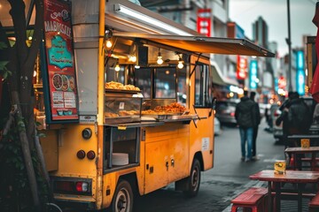A food truck parked on the side of a busy city street, serving customers delicious street food, A food truck parked on a bustling city street serving up delicious street food