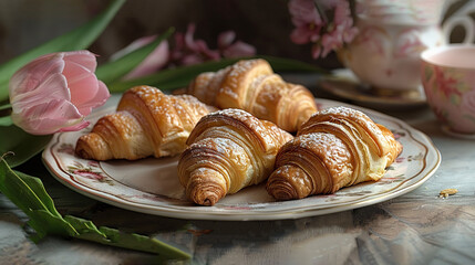   A white plate holding croissants is placed atop a table near a cup and saucer - Powered by Adobe
