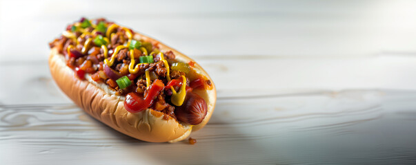 chili hotdog topped with chili, ketchup, mustard, hotdog bun, summer food, summer time