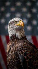 Obraz premium A bald eagle stands in front of an American flag. Generative AI.
