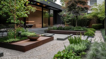Obraz premium A minimalist garden with geometric planters, sculptural elements, and a gravel pathway, offering a serene retreat in nature.