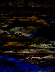 Expression of the night sea and gloomy sky. Original painting of mountains and sea. Modern Impressionism.  Illustration for background