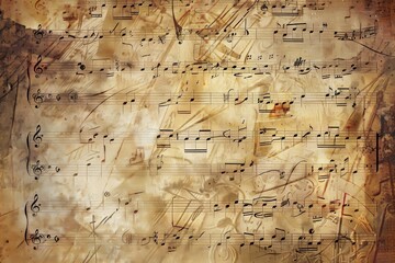 A weathered sheet of music with delicate musical notes from a bygone era, evoking a sense of nostalgia and the beauty of classical compositions. Generative AI