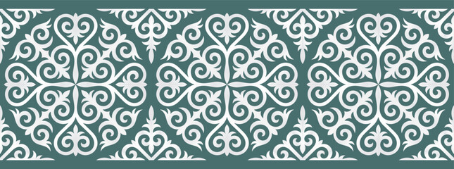 Kazakh ornaments. Strip of plant patterns. Ethno style.  Horizontal patterned design. Traditional patterns of Kazakhs. Ancient Turkic ornaments. Traditions of Kazakhstan. Decorative art of nomads. 