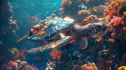 A beautiful sea turtle swims gracefully through a vibrant coral reef, surrounded by colorful fish and marine life.