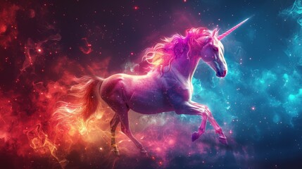 A beautiful unicorn is running through a sea of stars