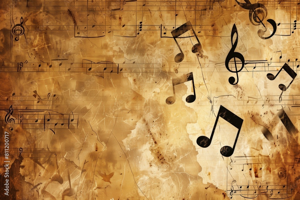 Poster A grungy background filled with scattered musical notes and sheets, creating a unique and artistic representation of music in its raw essence. Generative AI