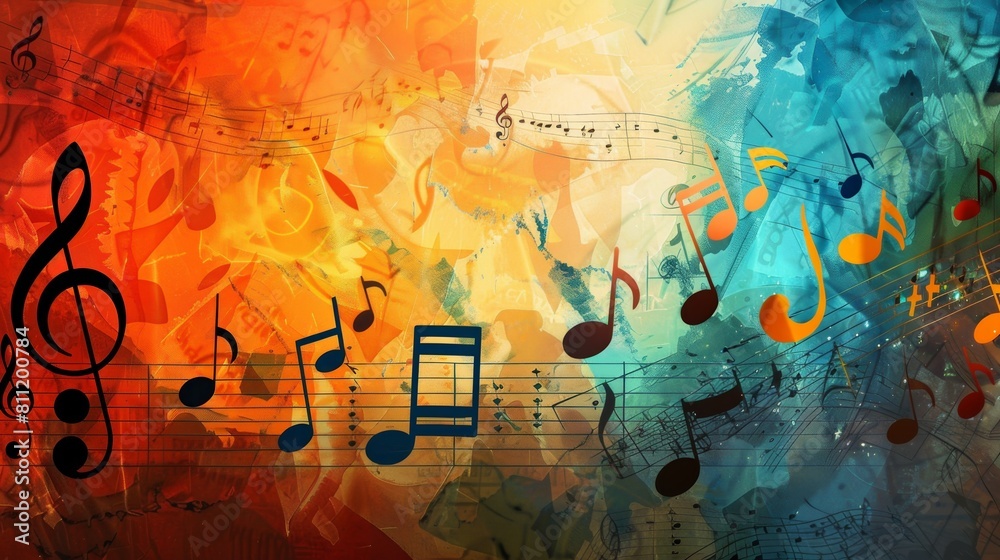 Aufkleber A lively background filled with colorful musical notes dancing across the page, creating a vibrant and enchanting display of rhythm and harmony. Generative AI