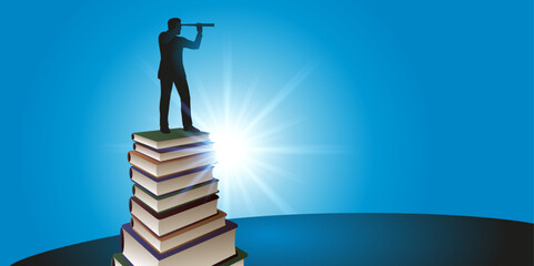 Concept de la réussite basé sur la connaissance, avec le symbole d’un homme debout sur une pile de livres, qui regarde l’horizon au travers d’une longue vue.