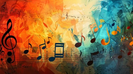 A lively background filled with colorful musical notes dancing across the page, creating a vibrant and enchanting display of rhythm and harmony. Generative AI