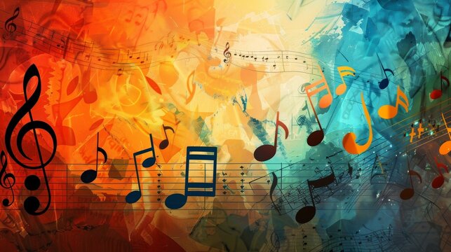 A lively background filled with colorful musical notes dancing across the page, creating a vibrant and enchanting display of rhythm and harmony. Generative AI