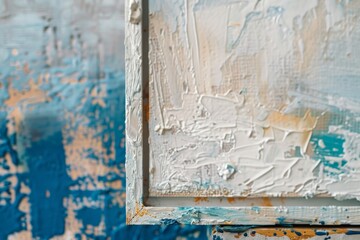 Naklejka premium Detailed close up of a colorful and textured painting hanging on a wall, A frame with layers of textured brushstrokes