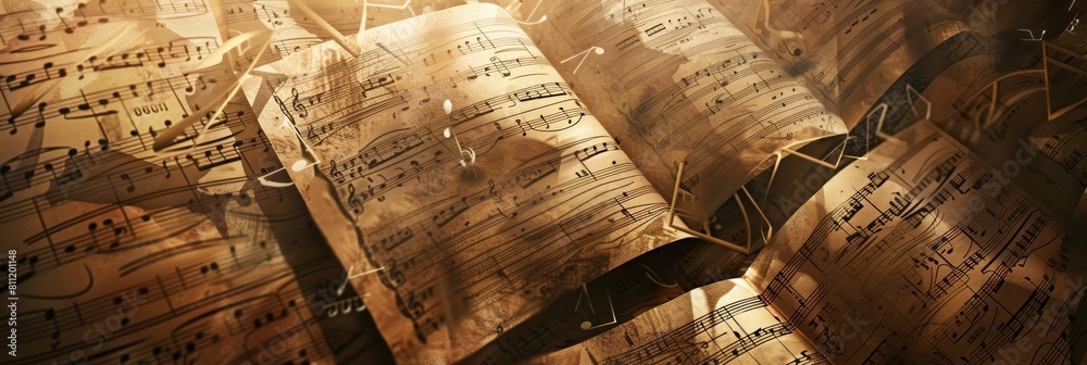 Aufkleber A group of colorful sheet music sheets with intricate music notes arranged on them, creating a beautiful and harmonious composition. Generative AI