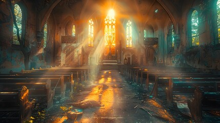 Sunlit Sanctuary:Ethereal Gothic Cathedral Interior Bathed in Divine Light