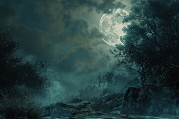 A dark forest illuminated by a full moon in the sky, creating eerie shadows, A full moon casting eerie shadows
