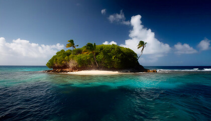 Small island covered with trees, in the dark blue sea