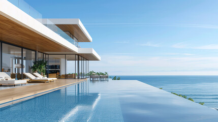 Fototapeta premium real estate photography of a modern luxury house with wooden terrace and swimming pool on sea view background, minimalist architecture