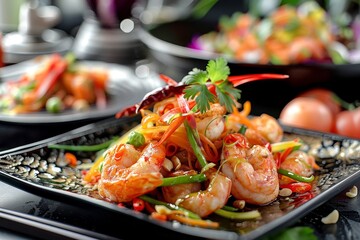 Close-up view of a plate filled with shrimp and various food items, A fusion of diverse flavors and culinary influences