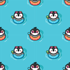 CUTE LITTLE PENGUIN IS WEARING RUBBER RING AND EATING AN ICE CREAM SEAMLESS PATTERN