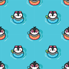 CUTE LITTLE PENGUIN IS WEARING RUBBER RING AND EATING AN ICE CREAM SEAMLESS PATTERN