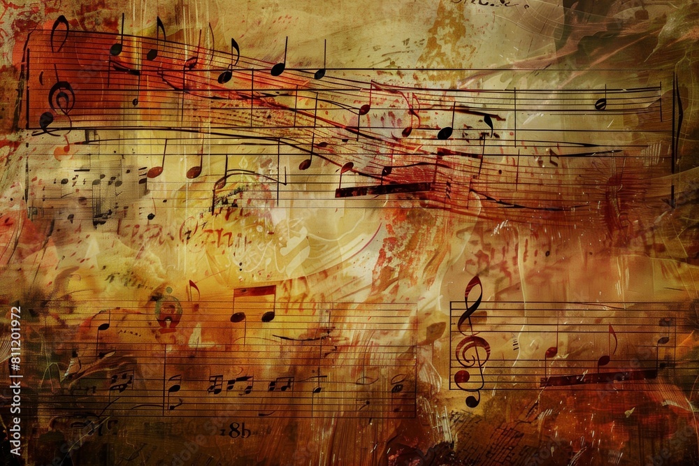 Poster A captivating painting featuring intricate musical notes dancing across the canvas, intertwined with elegant scores and music stands. Generative AI