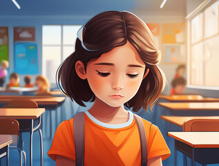 Illustration of a little girl looking down, sad, in the classroom.