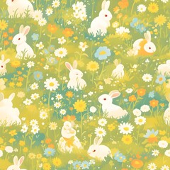 Adorable Bunnies Frolicking in Floral Meadow