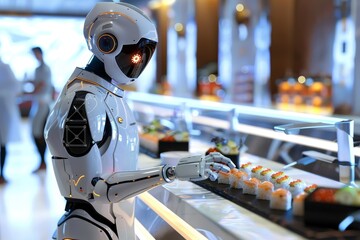 Robot Standing in Front of Food, A futuristic and technological rendering of a robotic sushi chef preparing sushi with precision and accuracy